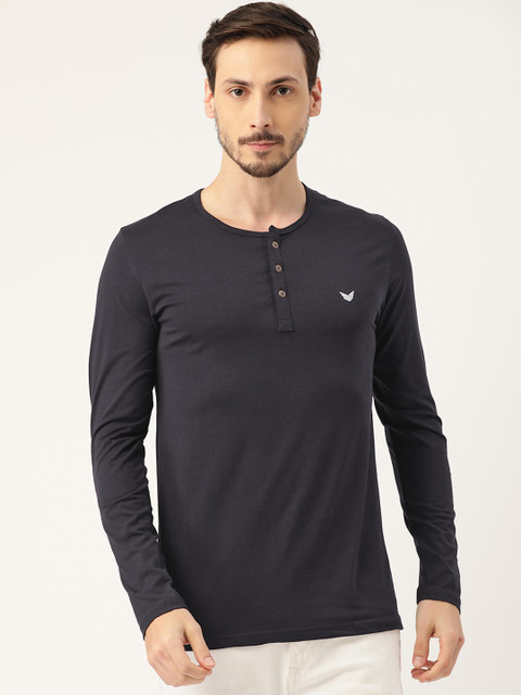 

RED & BLUE Men Navy Blue Pure Cotton Solid Henley Neck T-shirt