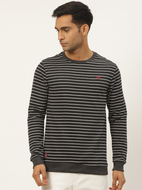 

RED & BLUE Men Black & White Striped Pure Cotton Round Neck T-shirt