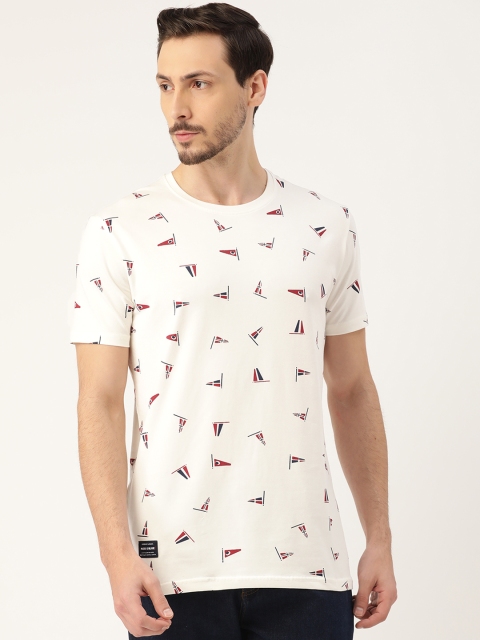 

RED & BLUE Men White & Maroon Pure Cotton Printed Round Neck T-shirt