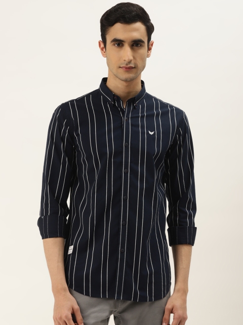 

RED & BLUE Men Navy Blue & White Slim Fit Striped Pure Cotton Casual Shirt