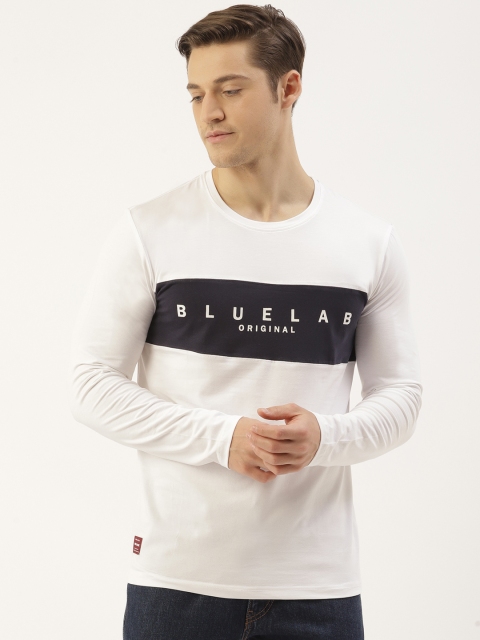 

RED & BLUE Men White & Navy Blue Printed Round Neck T-shirt