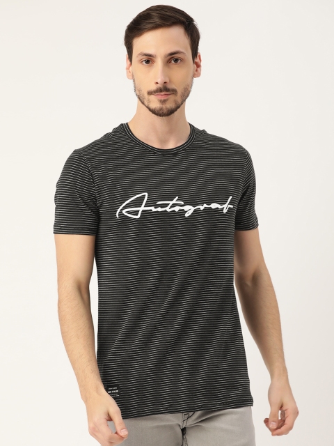

RED & BLUE Men Black & White Pure Cotton Striped Round Neck T-shirt