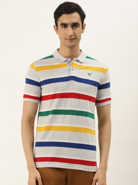 

RED & BLUE Men Grey Melange & Red Striped Polo Collar T-shirt