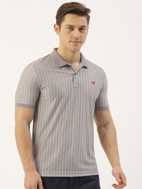 

RED & BLUE Men Grey & Off-White Striped Polo Collar T-shirt