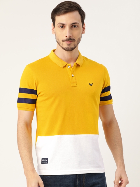 

RED & BLUE Men Yellow & White Pure Cotton Colourblocked Polo Collar T-shirt