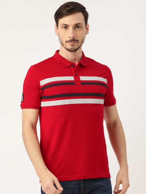 

RED & BLUE Men Red & White Pure Cotton Striped Detail Polo Collar T-shirt