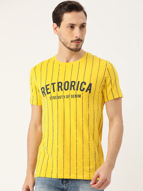 

RED & BLUE Men Yellow & Navy Blue Pure Cotton Striped Round Neck T-shirt