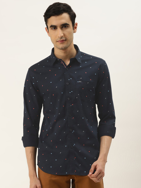 

RED & BLUE Men Navy Blue Slim Fit Printed Pure Cotton Casual Shirt