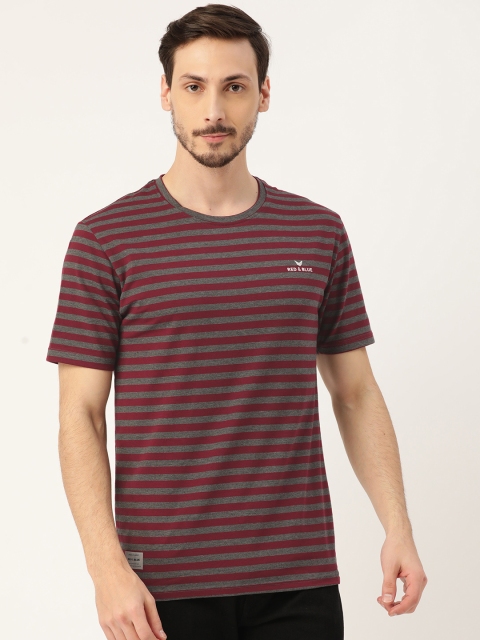 

RED & BLUE Men Maroon & Charcoal Grey Pure Cotton Striped Round Neck T-shirt