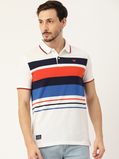 

RED & BLUE Men White & Blue Pure Cotton Striped Polo Collar T-shirt