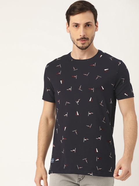 

RED & BLUE Men Navy Blue & Maroon Pure Cotton Printed Round Neck T-shirt