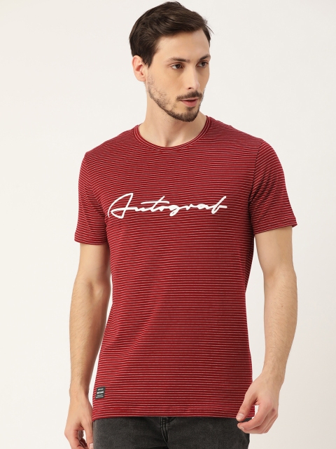 

RED & BLUE Men Maroon & White Pure Cotton Striped Round Neck T-shirt
