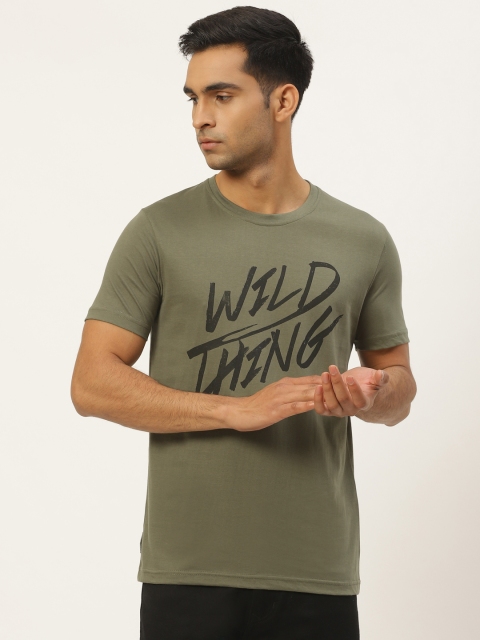 

RED & BLUE Men Olive Green & Black Printed Pure Cotton Round Neck T-shirt