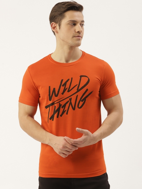 

RED & BLUE Men Orange & Black Pure Cotton Printed Round Neck T-shirt
