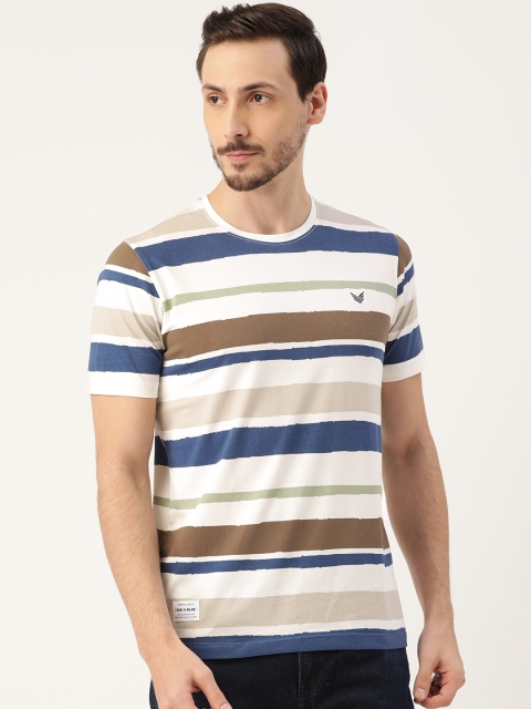 

RED & BLUE Men White & Navy Blue Striped Round Neck T-shirt