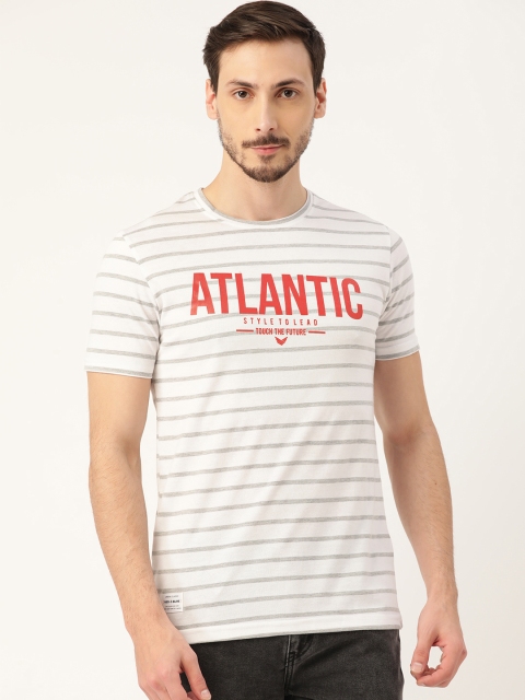 

RED & BLUE Men White & Grey Melange Pure Cotton Striped Round Neck T-shirt