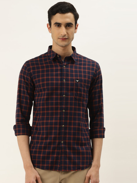 

RED & BLUE Men Navy Blue & Orange Slim Fit Checked Pure Cotton Casual Shirt