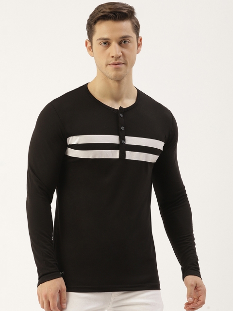 

RED & BLUE Men Black & Off-White Striped Henley Neck T-shirt