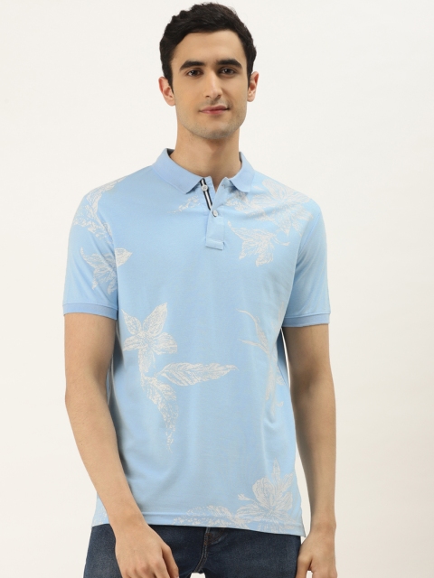 

RED & BLUE Men Blue & Off-White Floral Print Polo Collar T-shirt