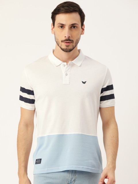 

RED & BLUE Men White Pure Cotton Colourblocked Polo Collar T-shirt