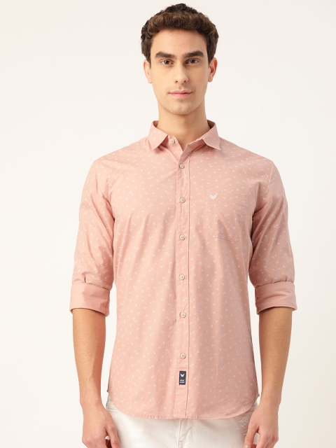 

RED & BLUE Men Peach-Coloured & White Slim Fit Pure Cotton Printed Casual Shirt