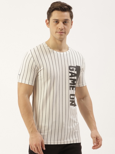 

RED & BLUE Men Off-White & Black Striped Round Neck T-shirt