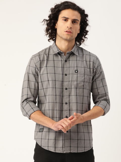 

RED & BLUE Men Grey & Black Pure Cotton Slim Fit Checked Casual Shirt