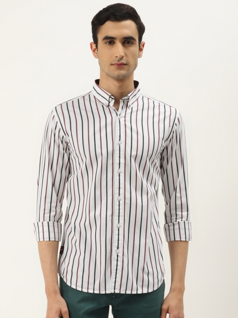 

RED & BLUE Men White & Black Slim Fit Striped Pure Cotton Casual Shirt