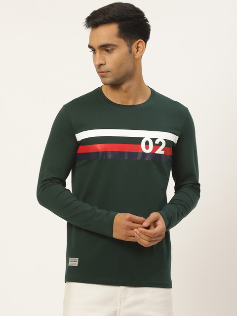 

RED & BLUE Men Green Striped Pure Cotton Round Neck T-shirt