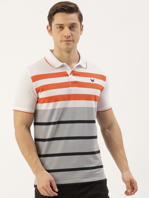 

RED & BLUE Men Grey & White Striped Polo Collar T-shirt