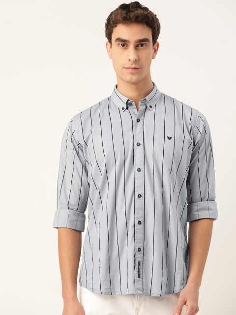 

RED & BLUE Men Grey & Black Slim Fit Pure Cotton Striped Casual Shirt