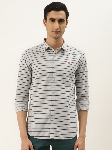 

RED & BLUE Men Grey & Navy Blue Slim Fit Striped Pure Cotton Casual Shirt