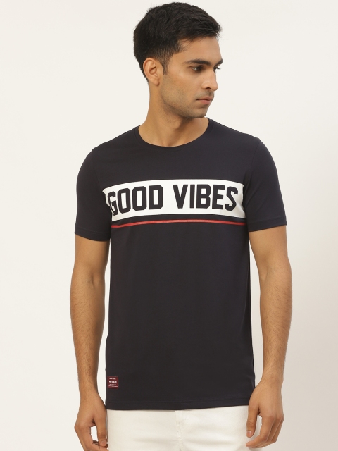 

RED & BLUE Men Navy Blue Printed Pure Cotton Round Neck T-shirt