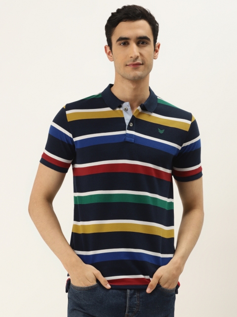 

RED & BLUE Men Navy Blue & Mustard Yellow Striped Polo Collar T-shirt