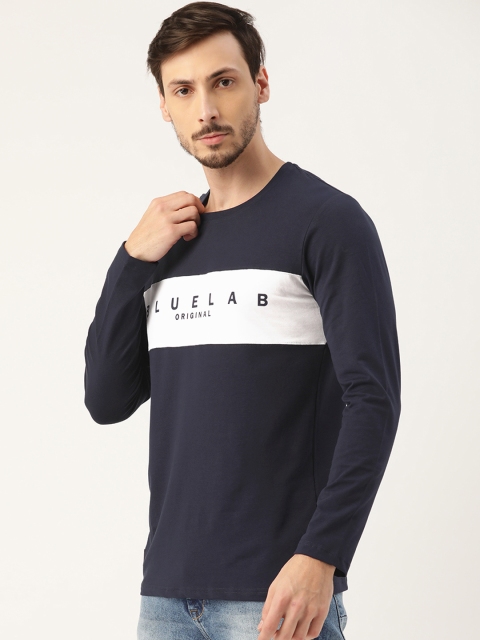 

RED & BLUE Men Navy Blue & White Pure Cotton Colourblocked Round Neck T-shirt