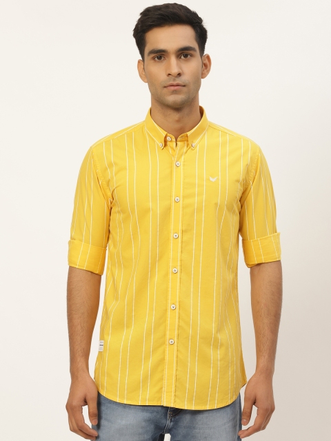 

RED & BLUE Men Mustard Yellow & White Slim Fit Striped Casual Shirt