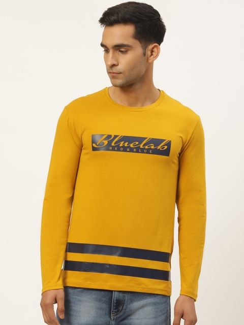 

RED & BLUE Men Mustard Yellow & Navy Blue Typography Print Round Neck T-shirt