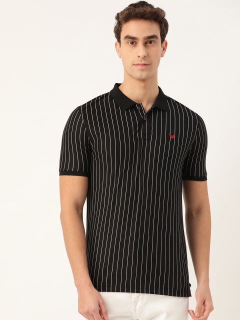 

RED & BLUE Men Black & White Striped Pure Cotton Polo Collar T-shirt