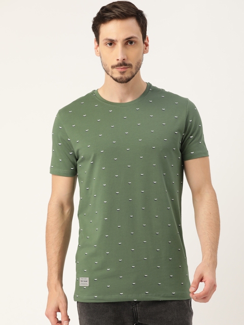 

RED & BLUE Men Olive Green & White Pure Cotton Printed Round Neck T-shirt