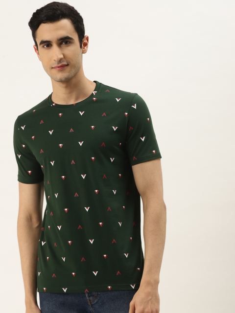 

RED & BLUE Men Green & White Printed Round Neck T-shirt