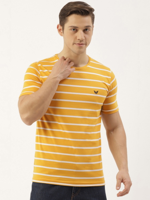 

RED & BLUE Men Mustard Yellow & White Striped Pure Cotton Round Neck T-shirt