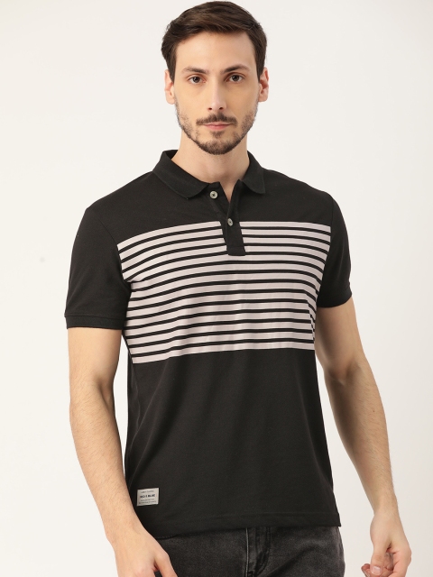 

RED & BLUE Men Black & Grey Pure Cotton Striped Round Neck T-shirt
