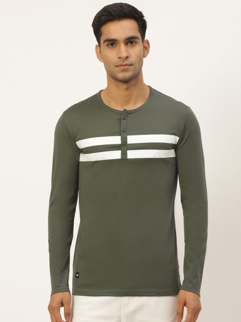 

RED & BLUE Men Olive Green & White Striped Henley Neck T-shirt
