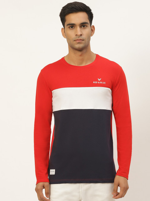 

RED & BLUE Men Navy Blue & Red Colourblocked Pure Cotton Round Neck T-shirt