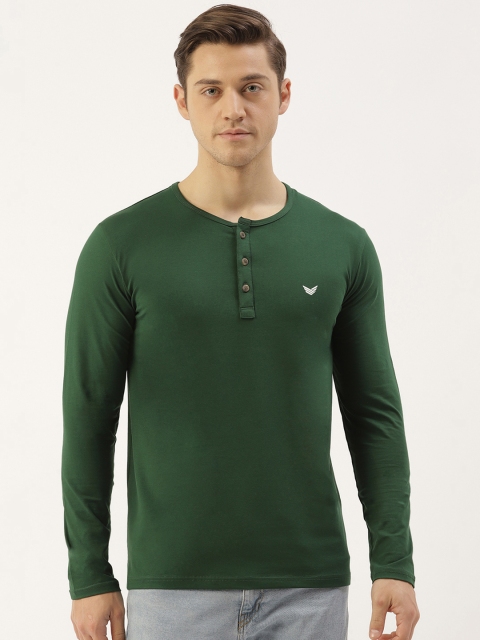 

RED & BLUE Men Green Solid Pure Cotton Henley Neck T-shirt