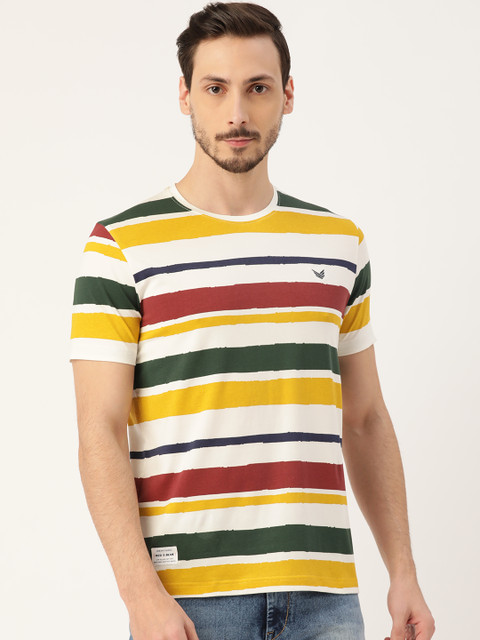 

RED & BLUE Men Multicoloured Pure Cotton Striped Round Neck T-shirt, Multi