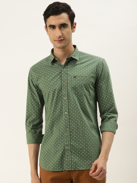

RED & BLUE Men Green & White Slim Fit Printed Pure Cotton Casual Shirt