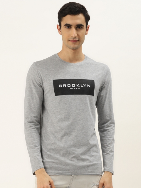 

RED & BLUE Men Grey Melange & Black Printed Round Neck T-shirt