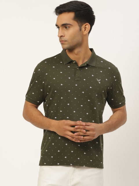 

RED & BLUE Men Olive Green & White Printed Polo Collar T-shirt