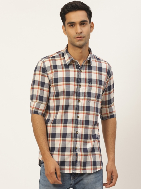 

RED & BLUE Men Navy Blue & Beige Pure Cotton Slim Fit Checked Casual Shirt